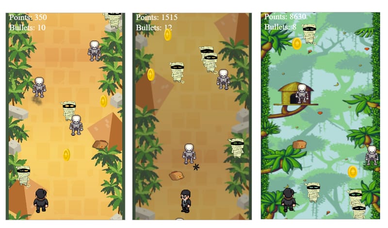 Three game screens with the character, enemies and coins on changing backgrounds, with point and bullet counters