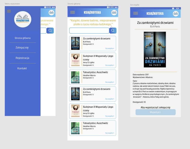 Three screens of the Książkoteka app – the menu, the book list and a book's details