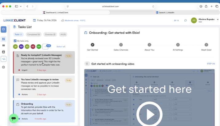 The LinkedClient dashboard with a task list on the left and an onboarding screen with a tutorial video on the right