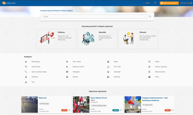 The lokaluszki home page with search, three kinds of listings, categories and the latest listings