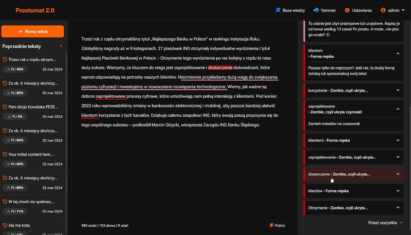 Prostomat in its dark theme, with the text history, the text being revised and a list of suggestions